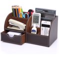 thumbnail image 1 of KINGFOM Office Desktop Organizer, 7 Storage Compartments Multifunctional PU Leather Office Stationery Storage Box Office Supplies Organizer, Business Card/Pen/Cellphone/Remote Control Holder (Brown), 1 of 9