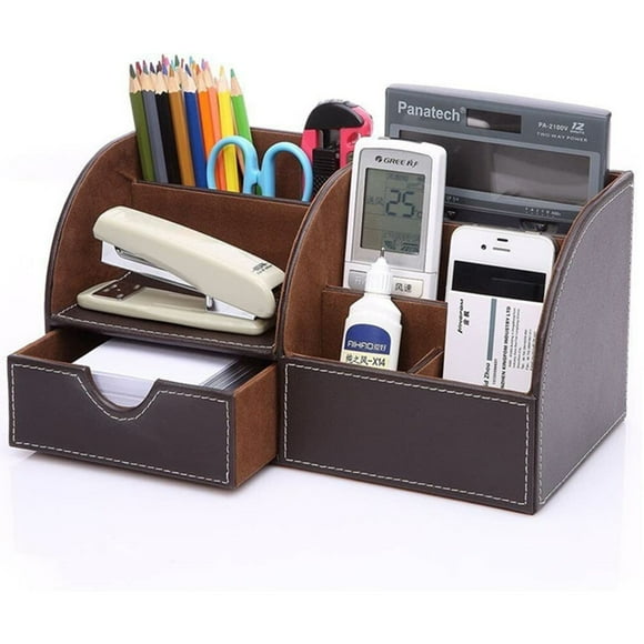 KINGFOM Organiseur de Bureau pour Bureau, 7 Compartiments de Rangement, Boîte de Rangement Multifonction en Cuir PU pour Papeterie de Bureau, Organiseur de Fournitures de Bureau, Support pour Cartes d'Affaires/stylos/téléphone/télécommande (Brun)