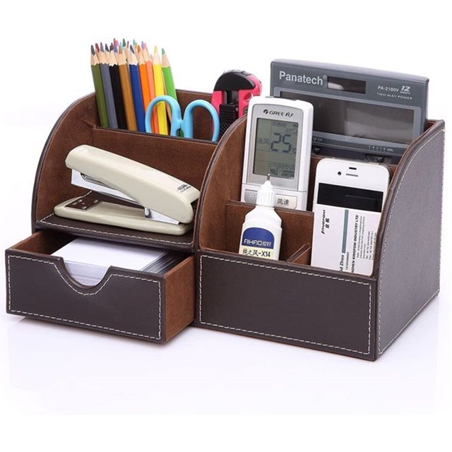 KINGFOM Office Desktop Organizer, 7 Storage Compartments Multifunctional PU Leather Office Stationery Storage Box Office Supplies Organizer, Business Card/Pen/Cellphone/Remote Control Holder (Brown)