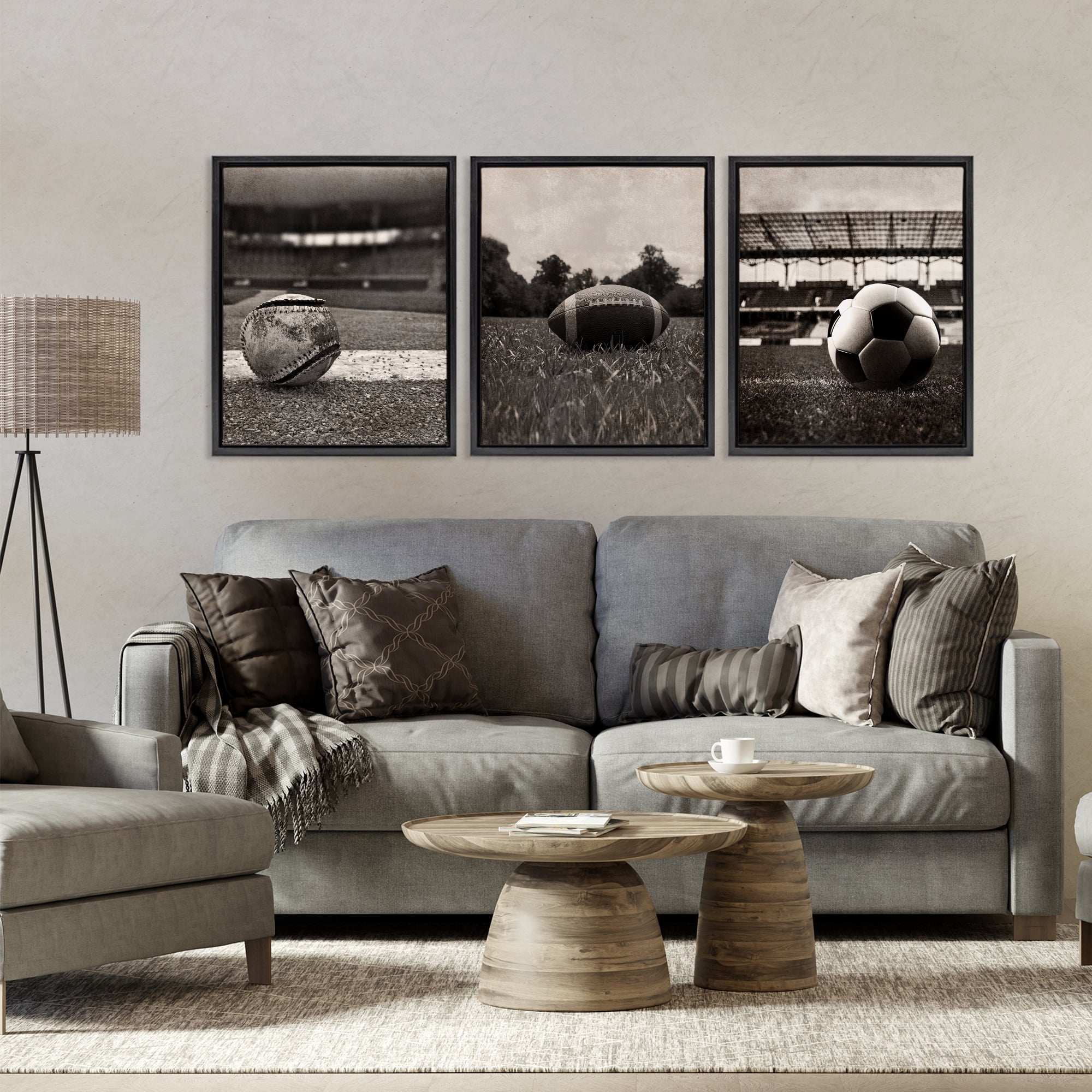 Stupell Industries Vintage Sports on Field 3 Piece Black Framed Floater Canvas Set, design by Marcus Prime