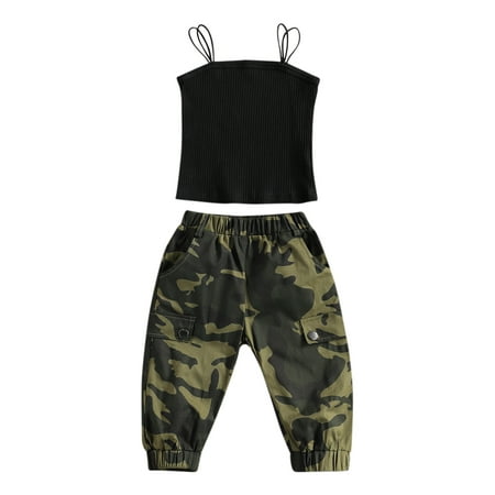 

Canrulo Fashion Toddler Kids Girls Set Sleeveless Tops Camouflage Pants 2pcs Summer Outfits Black 4-5 Years
