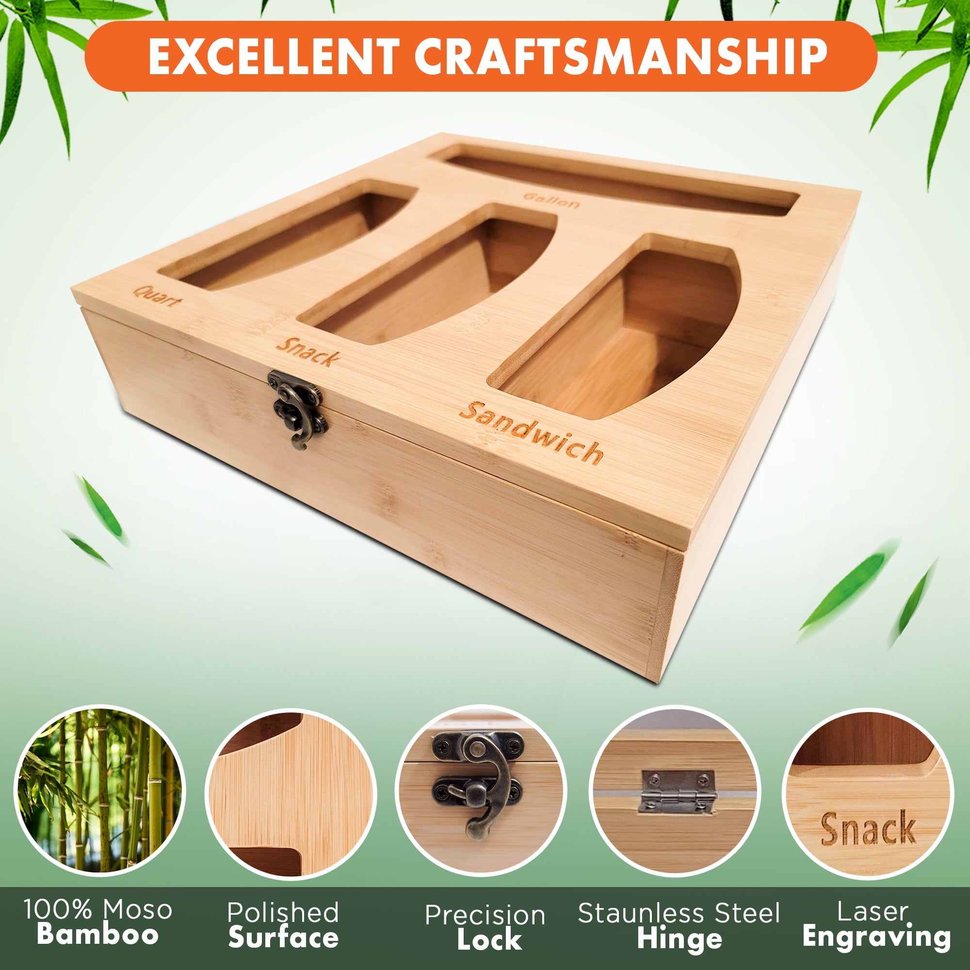 Dharmagic Storage Bag Organizer - Bamboo Storage Containers with Laser Engraved Labels Compatible with Gallon, Quart, Snack & Sandwich Bags from Most Brands - Fits Standard Kitchen Drawers