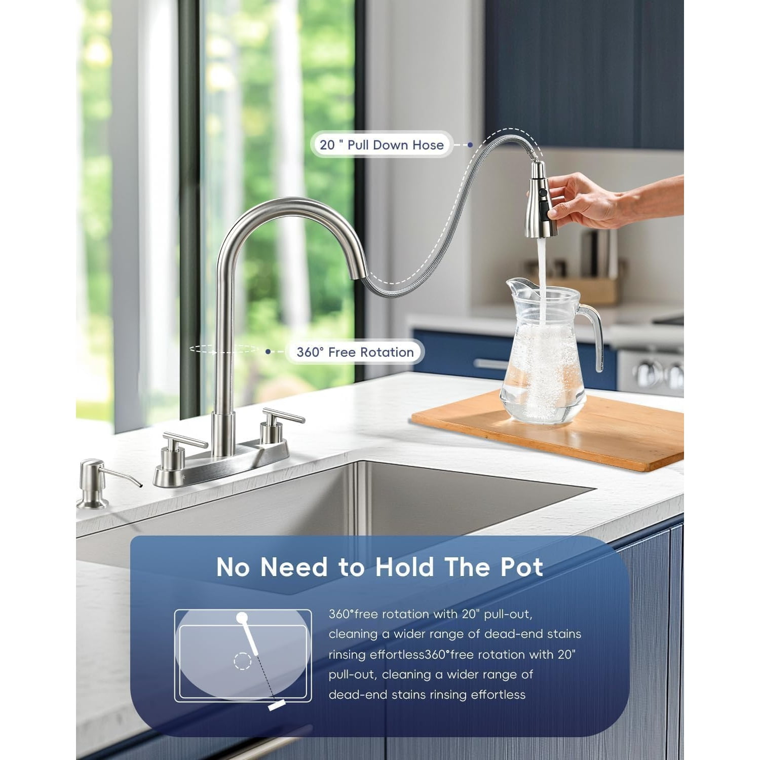 2 Handle Kitchen Faucet with Sprayer, 4-Hole Kitchen Faucet with Pull Down Sprayer and Soap Dispenser, High Arc Stainless for 3 & 4 Hole Outdoor Sink, Brushed Nickel