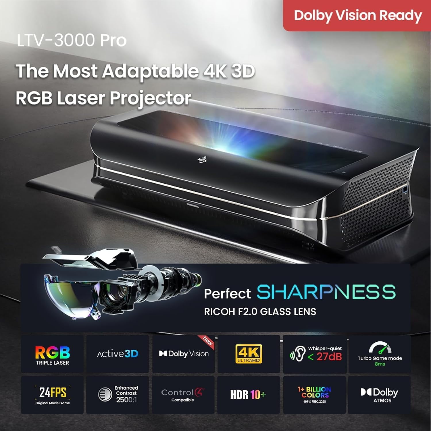 Restored AWOL Vision LTV-3000 Pro 4K Ultra Short Throw Triple Laser Projector, 0.25:1 ratio (Refurbished)