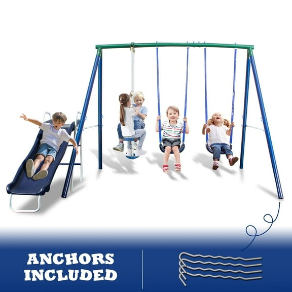 SMkidsport 4-in-1 Swing Set for Kids with Slide, Two Swing Seats and Glider, Outdoor Playset, Blue
