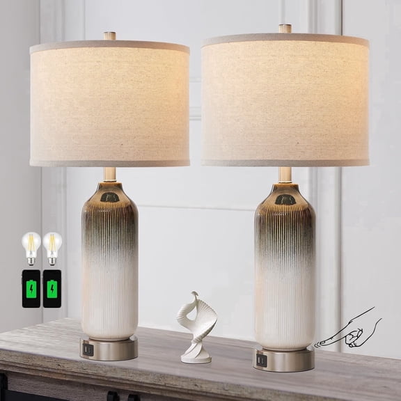 JUJUYUYOP 25.5"Modern ceramic table lamp, a pair of rustic-style bedside lamps with touch controls and USB charging ports (bulbs included)