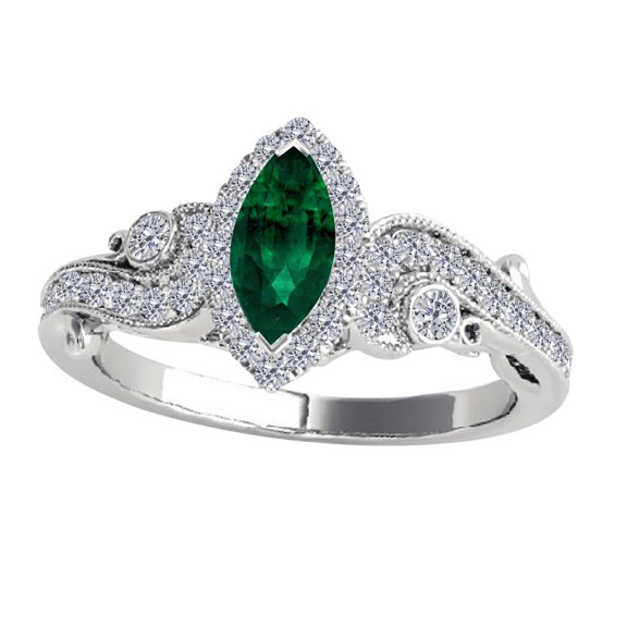 Mauli Jewels Engagement Rings for Women 3/4 Carat Emerald & White Diamond Gemstone Ring Prong-Setting 14K Solid White Gold