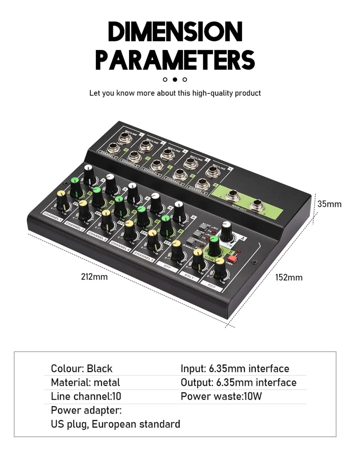 10 Channel Mixing Console Digital Audio Mixer Stereo Mic/Line Mixer with Reverb & 48V Phantom Power 10 channel sound table ,Precision Control