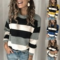 thumbnail image 6 of Women Autumn Long Sleeve Round Neck Sweater Contrasting Color Stripes Loose Pullover Tops Casual Knitted Rib Trim Jumper Shirts Streetwear, 6 of 19