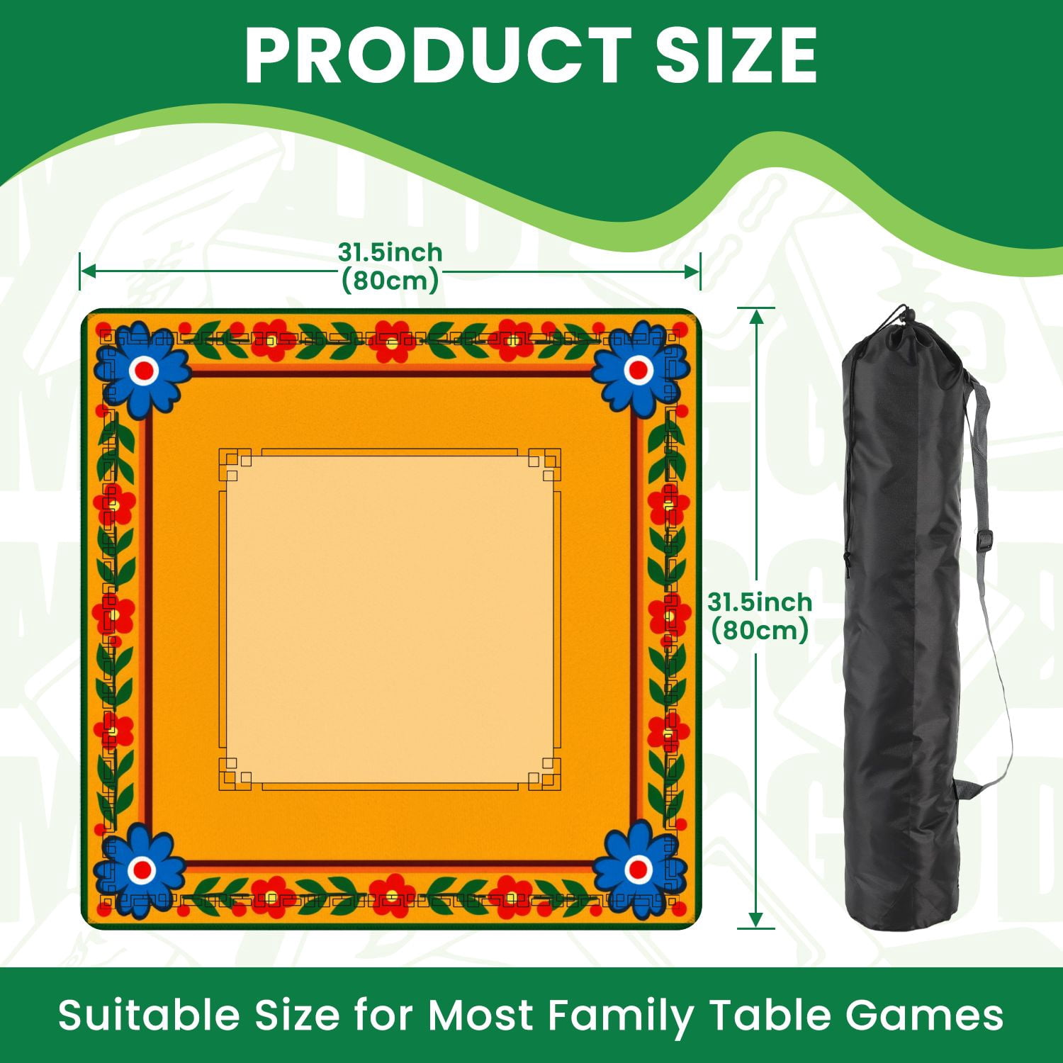 Mahjong Mat 31.5" x 31.5" Colorful Folk Art Floral Border Blue Red Flowers Orange Non-Slip Noise Reduction American Mahjong Tiles Table Cover for Dominoes Poker Card Board Games Gift