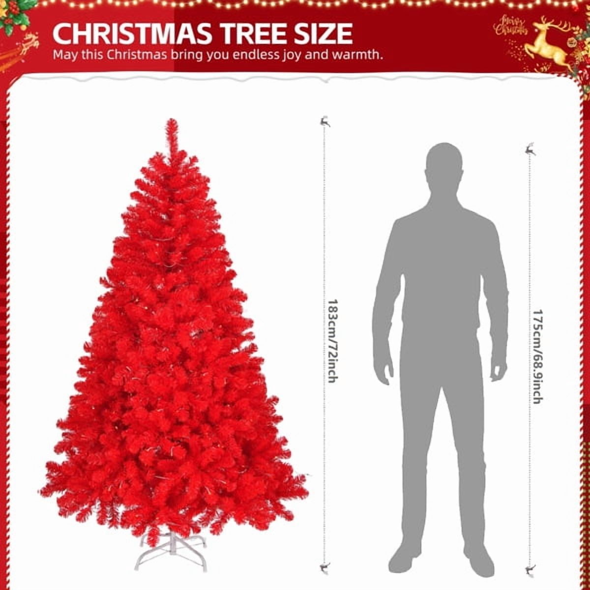 Alvantor 6 ft Red Unlit Artificial Christmas Tree with 800 PVC Branch Tips, Hinged Design and Metal Stand