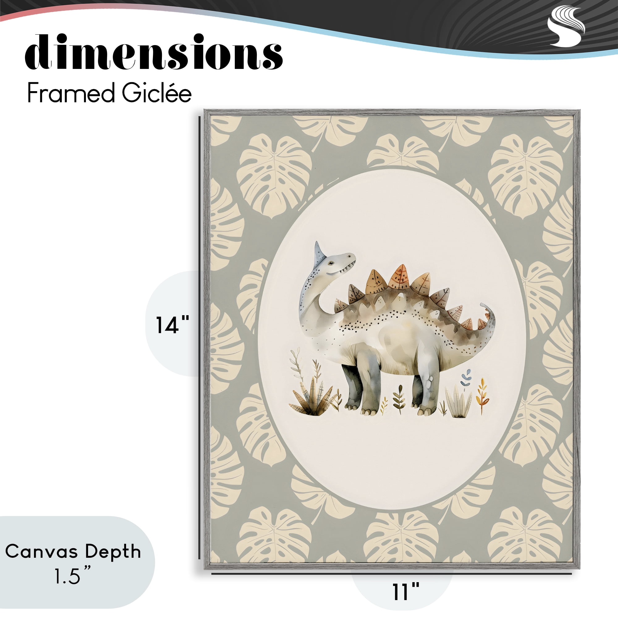 Stupell Industries Watercolor Dinosaur Monstera Border Gray Framed Giclee Art, design by LSR Design Studio