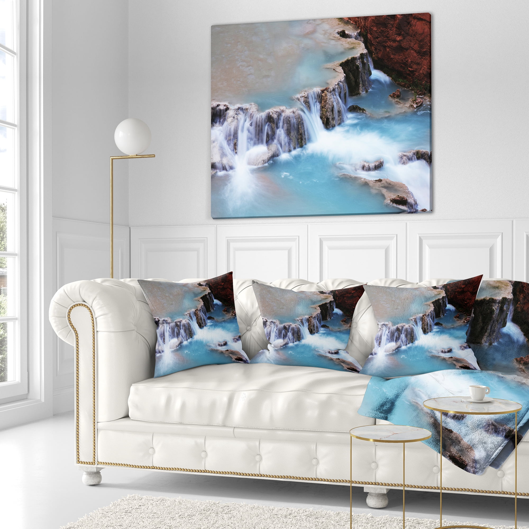 Designart Beautiful Blue Water Cascade - Seashore Throw Pillow - 16x16