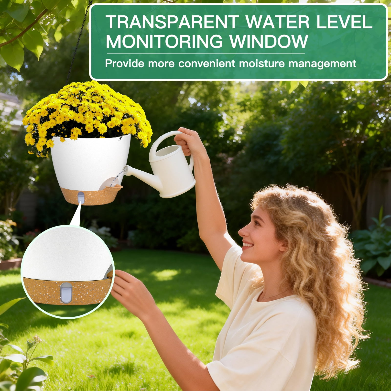 FIASON 2 Pack 10 Inch White Self-Watering Hanging Planters, Indoor Outdoor Flower Pots with Visual Reservoir, Drainage Holes & 2 Types of Plant Hangers for Garden Home Decor