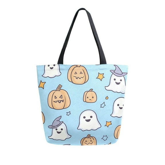 FORMRS Womens Canvas Tote Bag with Zipper Inner Pocket Shoulder Handbag, Blue Halloween Ghosts