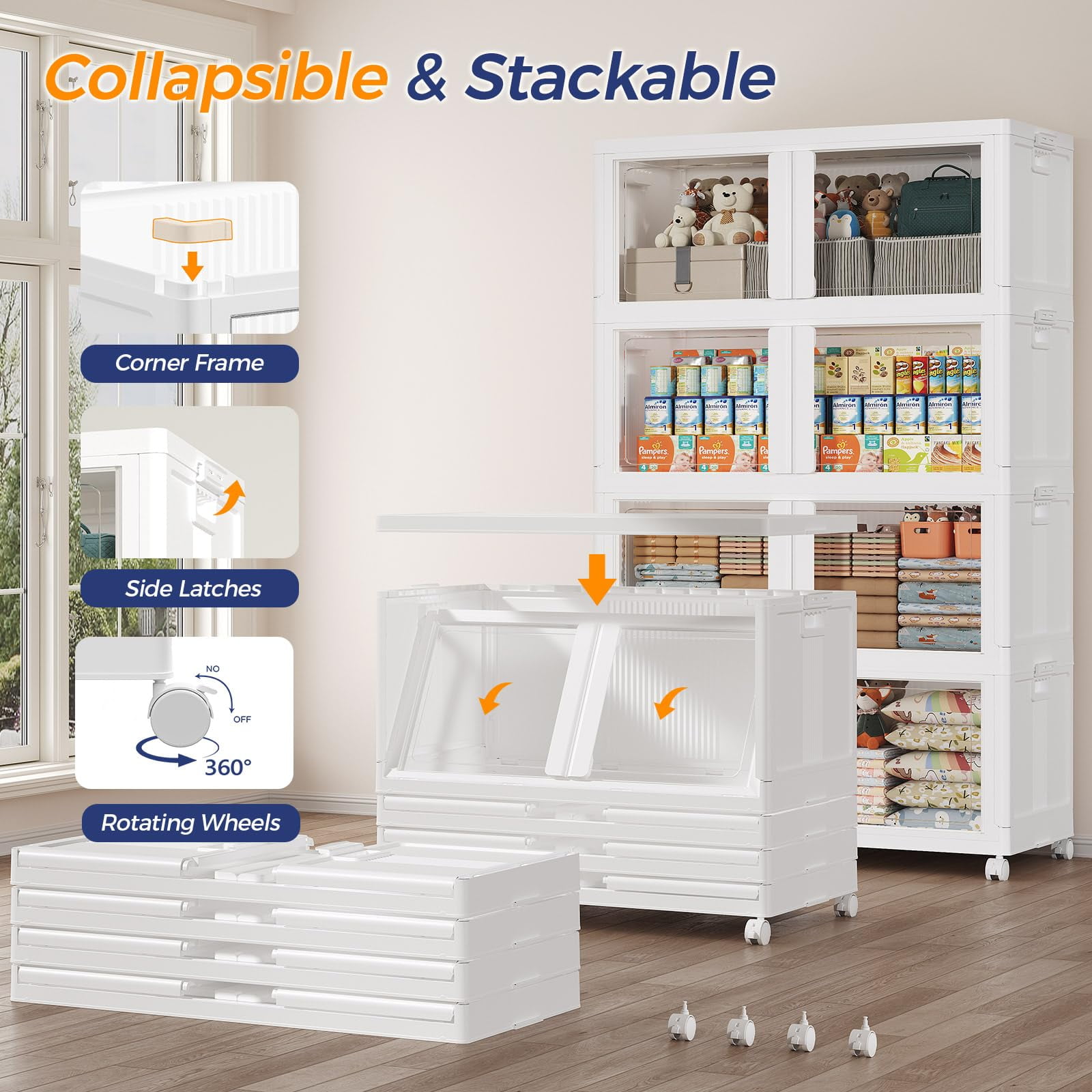 Fangtueh Large Stackable Storage Bins with Lid and Wheels,  Collapsible Foldable Box Closet Organizers, Folding Plastic Cabinet Cube Drawer for Kitchen Bedroom Living Room,White,50Gal-3Pack