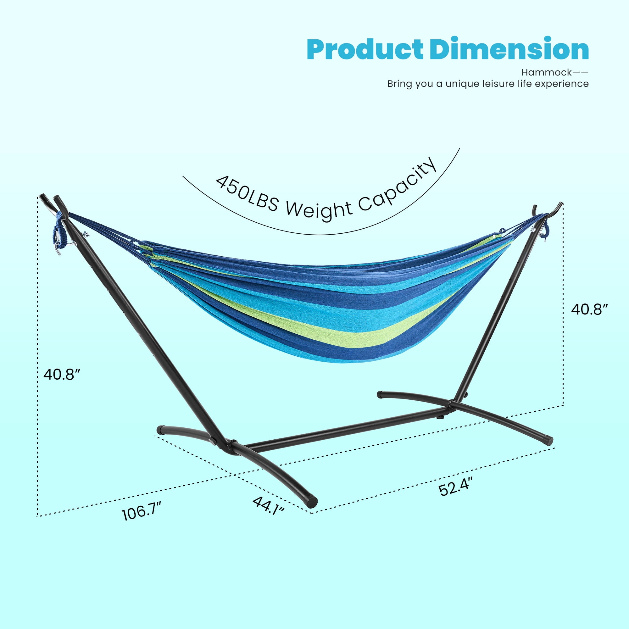 GIANNA Double Hammock with Steel Stand and Carrying Bag, Adjustable Height, 450lbs Capacity, Polyester Cotton Fabric, Portable Outdoor Hammock for 2 Adults, Blue