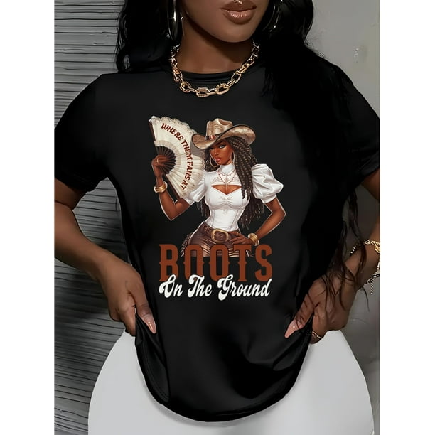 Women's Cowgirl Fan Art "Boots on the Ground" Graphic T-Shirt - 100% Cotton Short Sleeve Round Neck Casual Tee with Western Design, Breathable & Comfortable Casual Attire Cowboy Theme
