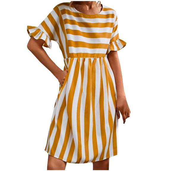 Kaemgyyd Fall Dresses for Women Casual Loose Crew Neck Ruffles Dress Short Sleeve Stripe Printing Flowy a Line Mini Dress