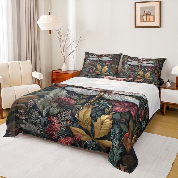 Feelyou Jungle Dragonfly Child Queen Sheet Sets, Rustic Leaf Plant Flat Sheet, Bohemian Rustic Theme Queen Fitted Sheet, Ultra Soft Bedroom Decor, 4 Pieces
