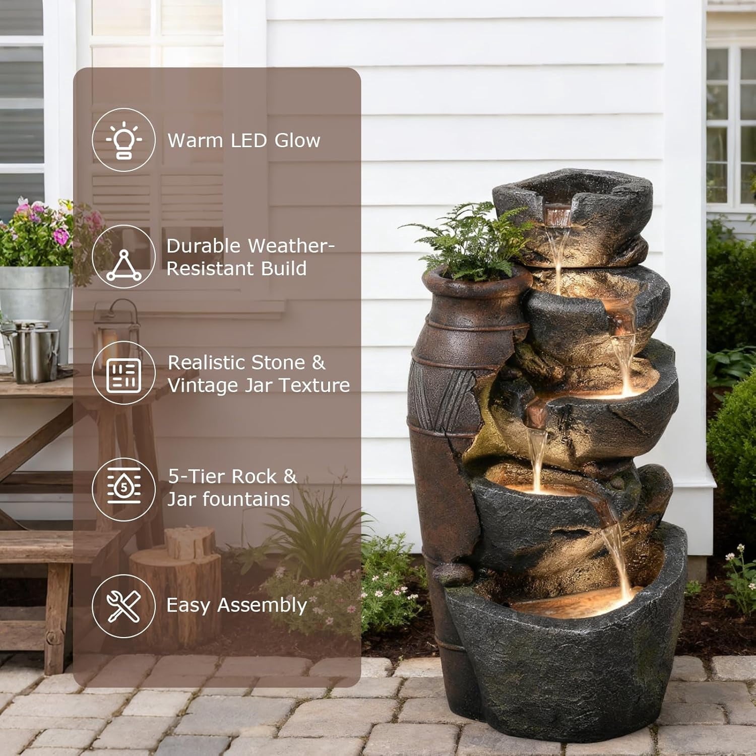 5 Tiered Rock Water Fountain Outdoor with Vintage Jar, Cascading Waterfall Fountain with LED Lights, Outdoor Fountains for Garden or Patio, Yard, and Deck Decor, 16.5" L x 12.6" W x 31.7" H