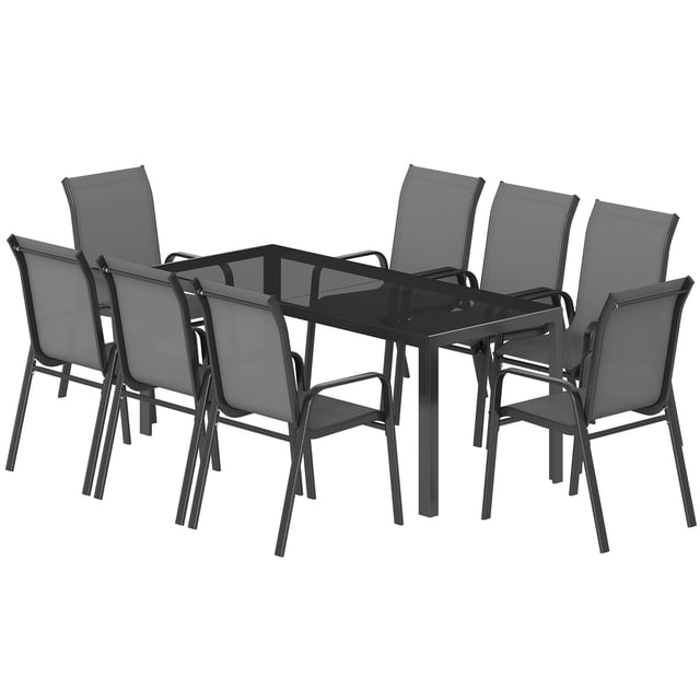 9-Piece Outdoor Dining Set with Tempered Glass Table & 8 Stackable Mesh Chairs, Powder-Coated Steel Frame Patio Furniture for Backyard, Garden, BBQ, Dark Grey