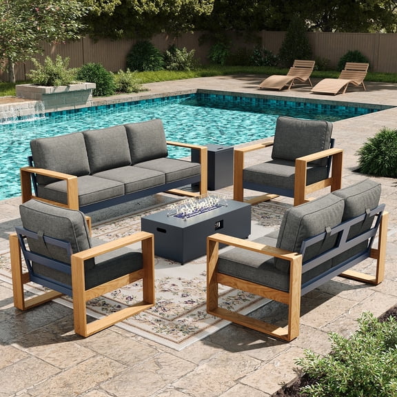 LayinSun 5 Pieces Aluminum Patio Furniture Set with Fire Pit Table, Oversized Seat with Hight Back, Outdoor Conversation Sets for Porch, Balcony, Deck