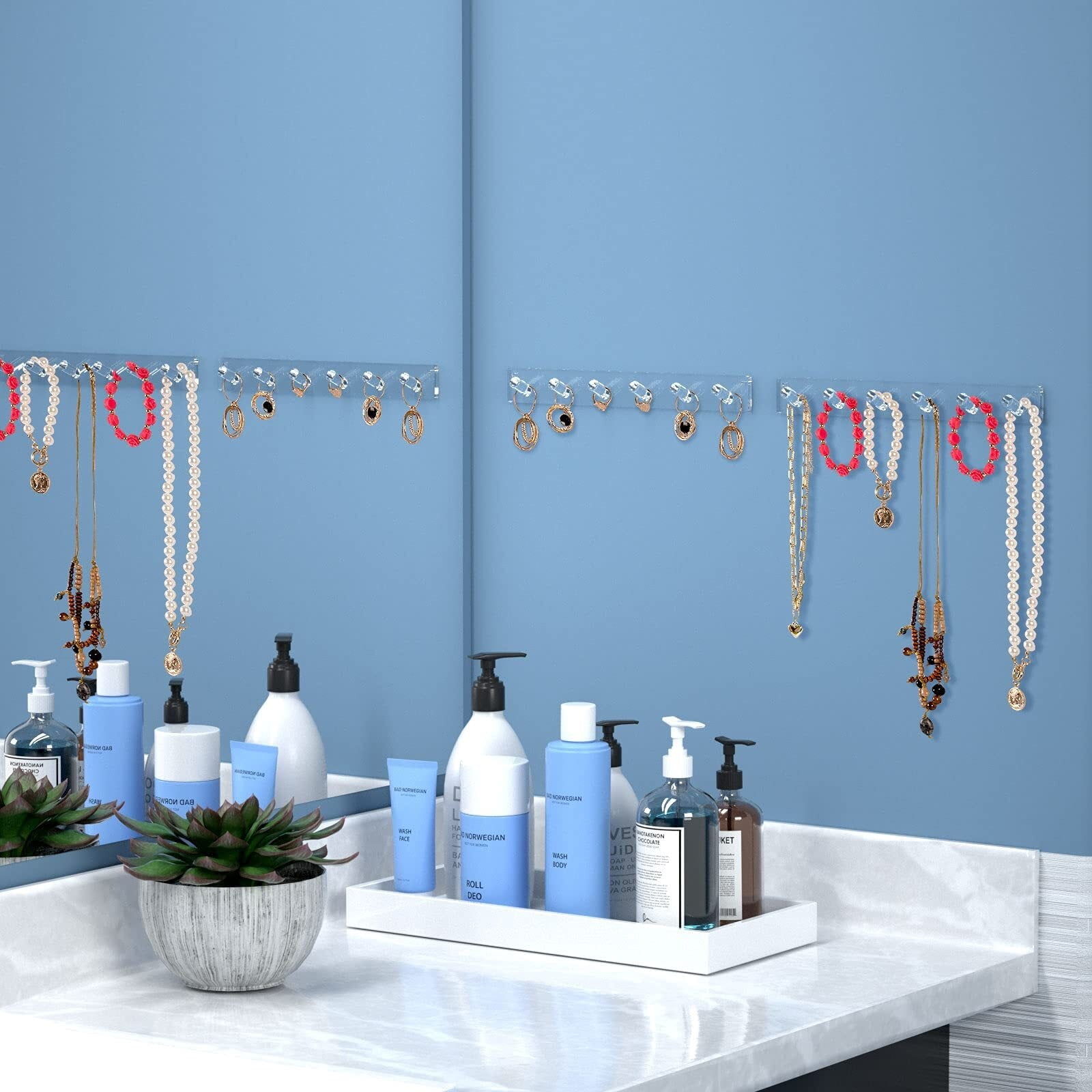 Necklace Holder, Acrylic Necklace Organizer Wall Mounted with 12 Hooks, for Hanging Necklace, Jewelry, Bangles, Bracelets and Rings, Best Gifts for Girls and Women(2 PACK)