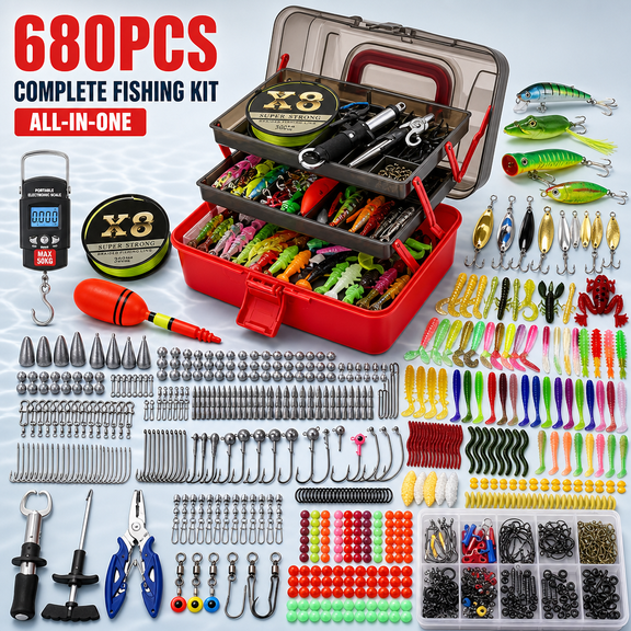 YTAKY Tackle Box, 680-Pcs Tackle Box with Tackle Included, Fishing Tackle Box 3-Layer Organizer Lip Gripper Hook Remover Pliers for Men Beginners