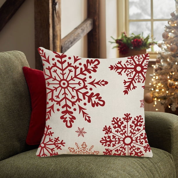 Fundas de Cojín Navideñas de 45X45 Cm con Estampado de Copos de Nieve y Ciervos En Rojo y Blanco. Fundas Decorativas para Cojines Decorativos Del Hogar, Sofá, Cama o Coche.