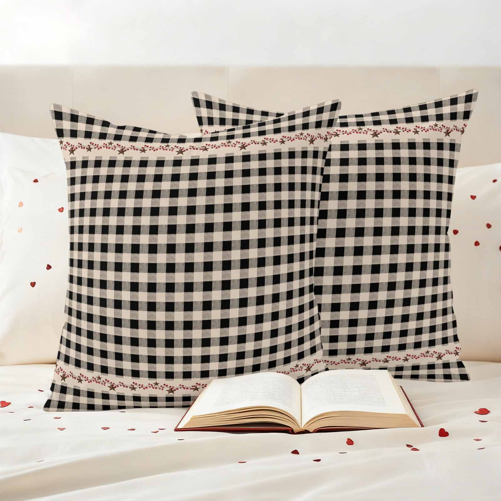 Country Star Plaid Outdoor Waterproof Pillow Covers, Black Retro American Farm Barn Berry Decorative Square Throw Pillowcase Sofa Cushion Sham for Patio/Couch/Chair, 16"x16" 2 Pack