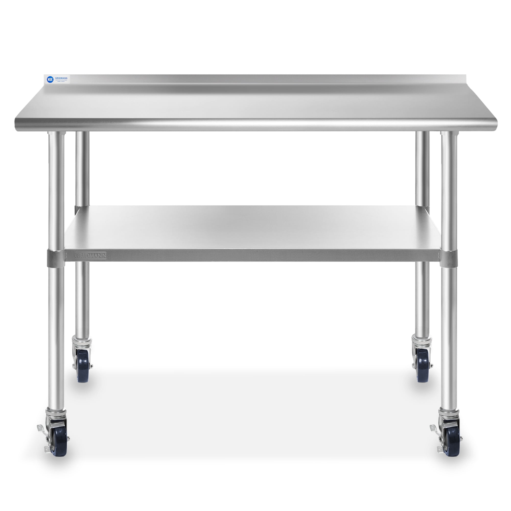 GRIDMANN 48 x 24 Inch Stainless Steel Table w/ Backsplash & 4 Casters, NSF Commercial Kitchen Work & Prep Table