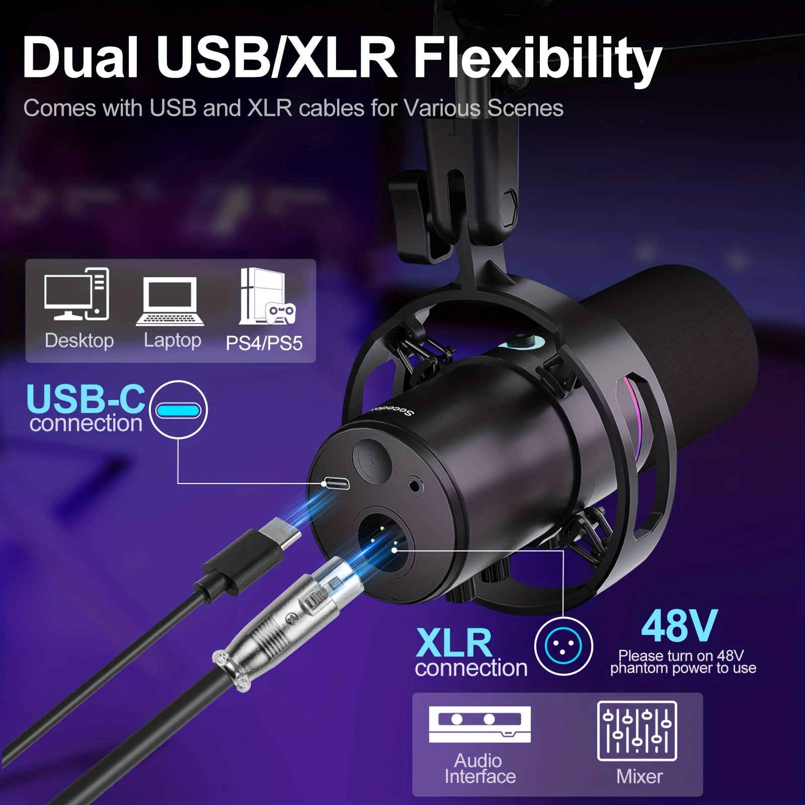 Socodox XLR/USB Dynamic Microphone Kit, Podcast Mic with Noise Cancellation, Independent Volume Control, Gaming Mic with Boom Arm, Mute, Gain Knob, for Streaming, Gaming, Voice-Over, Black