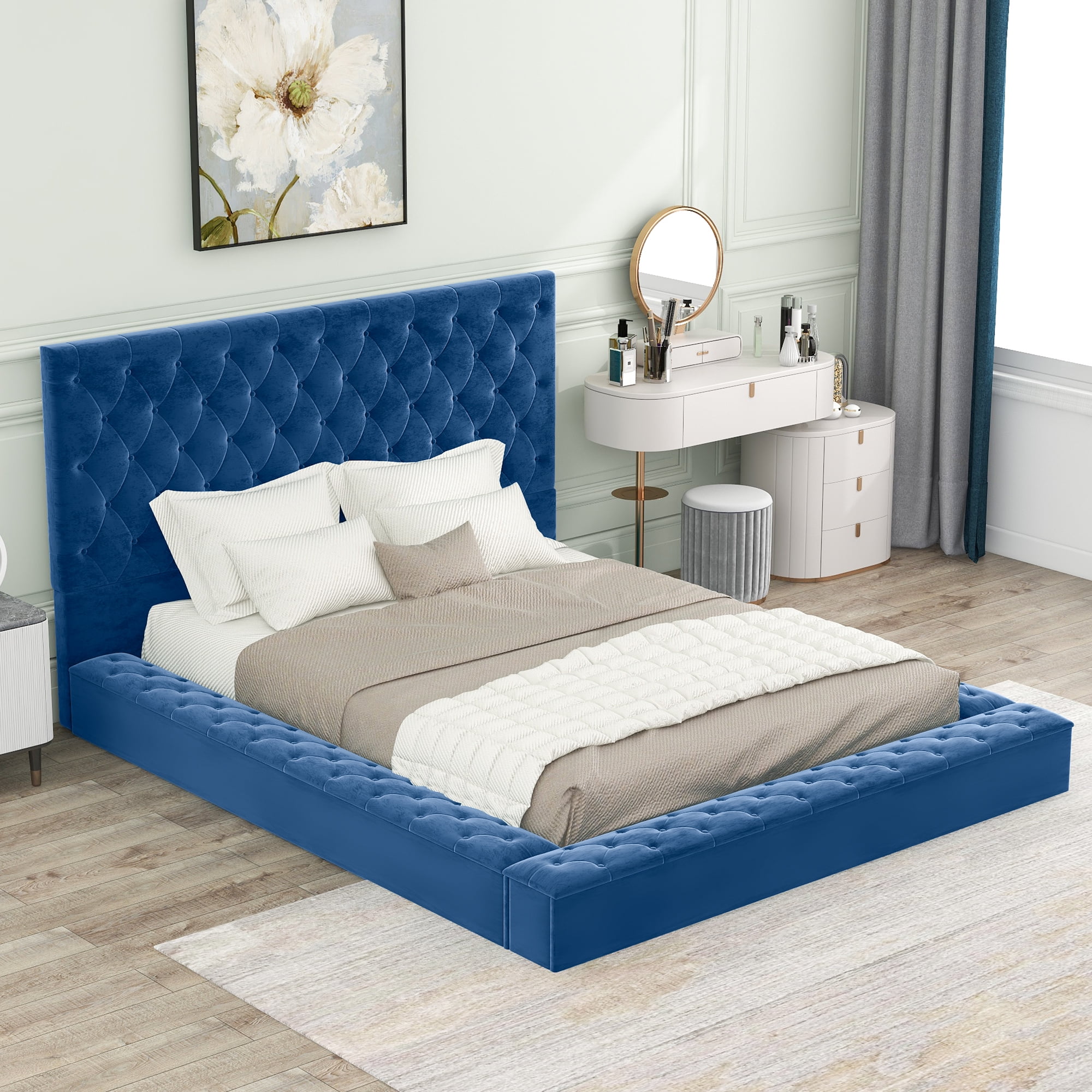 Tufted Upholstery Platform Bed with Storage Compartments, Queen for