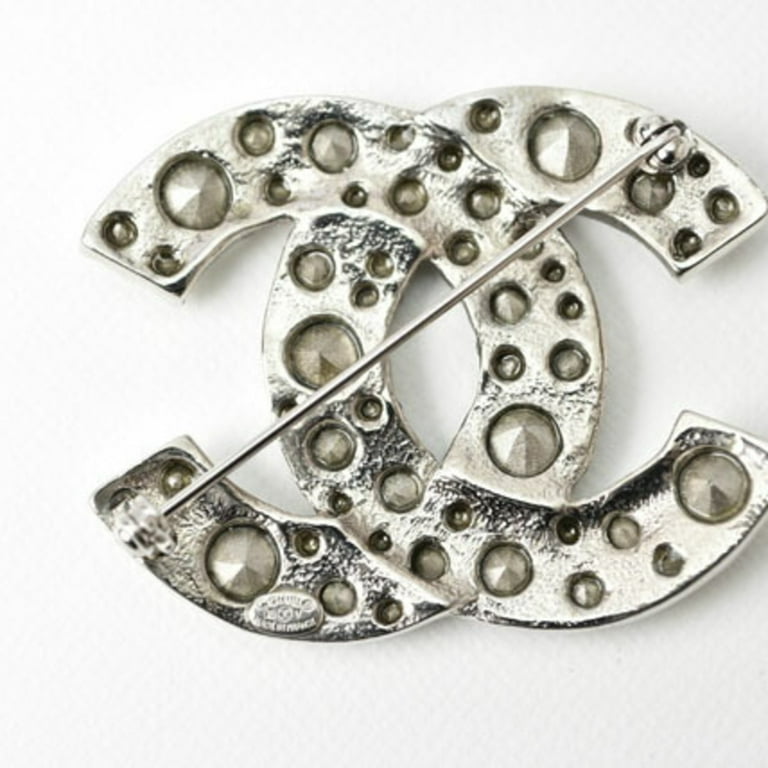 Pre-Owned CHANEL brooch pin here mark rhinestone silver (Good