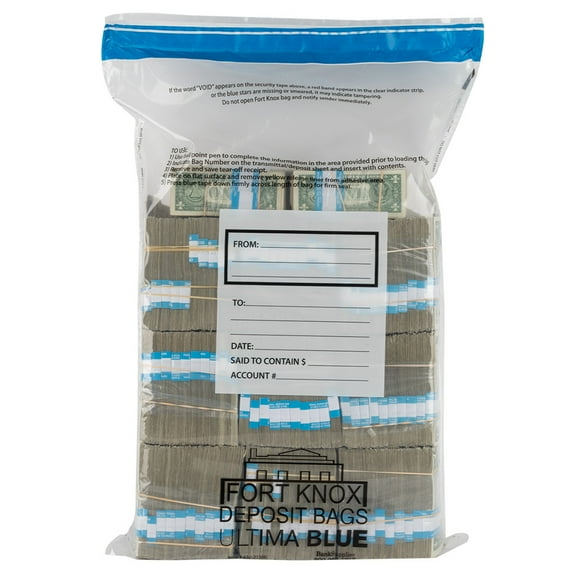 20 Bundle Ultima Blue Deposit Bags - Holds 20 Bundles of Cash - 100/case