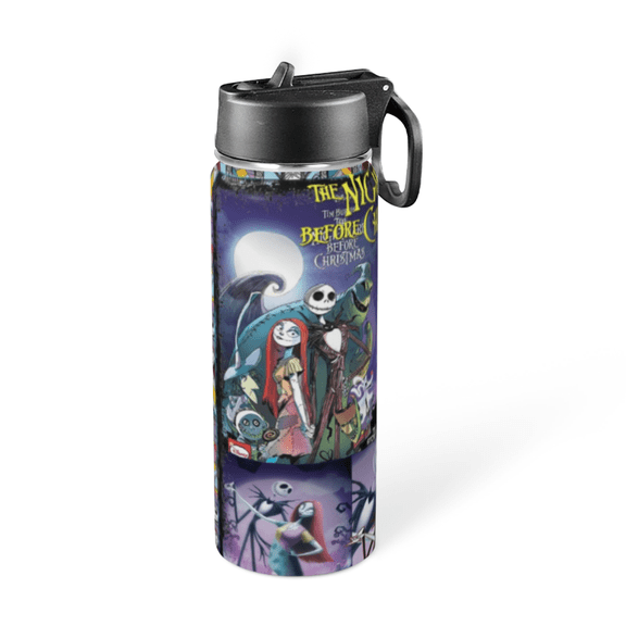 The Nightmare Before Christmas Thermos Water Bottle With Straw and Handle Insulated Stainless Steel Sports Kettle for Kids Boys Girls Cup For Outdoor 18oz