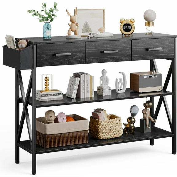 RTYJGD 47" Console Table with 3 Drawers, Industrial Entryway Table with 3 Tier Storage Shelves, Narrow Long Sofa Table for Entry Way, Hallway, Couch, Living Room, Kitchen, Black