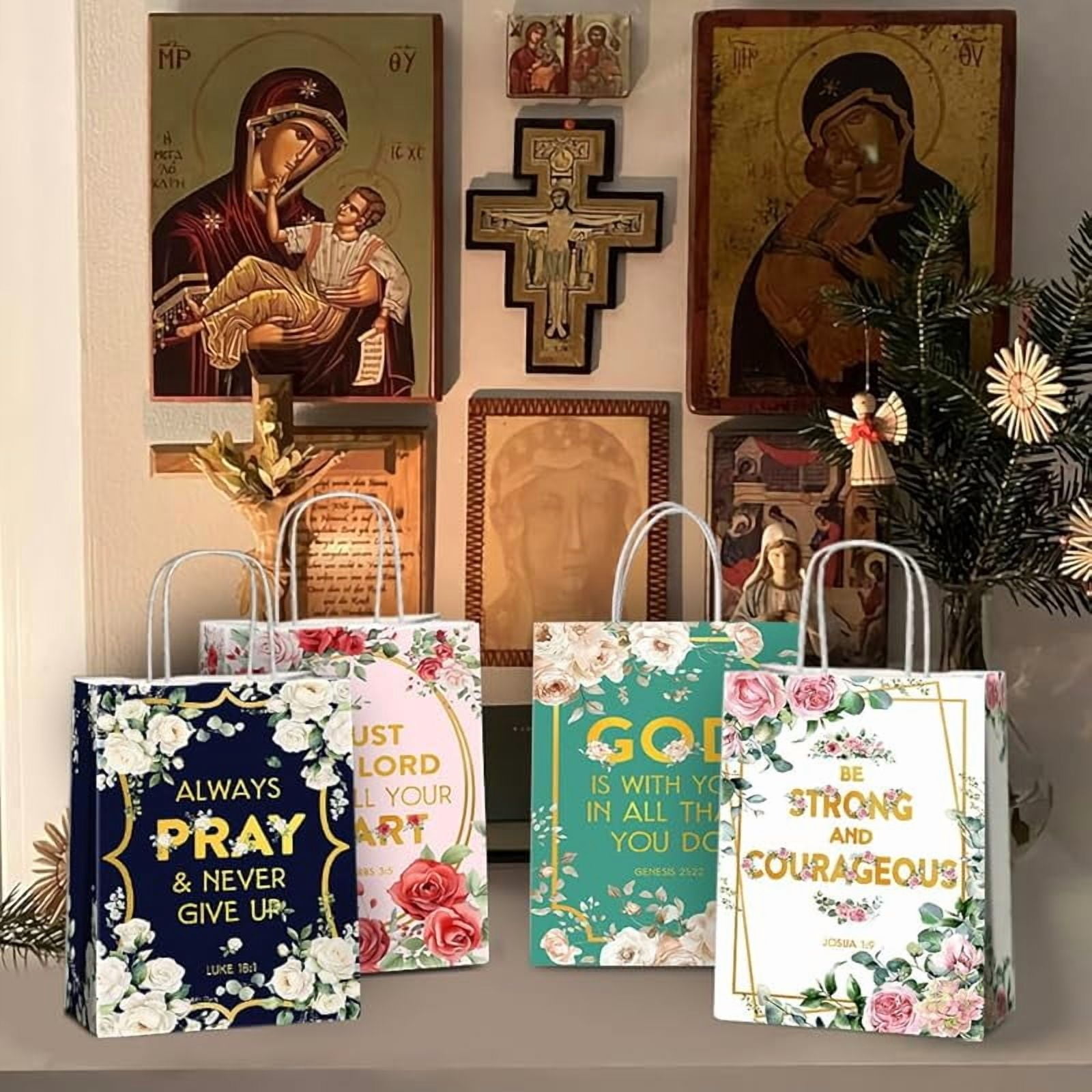 20packs Religious Party Favors Bags with Handles, Inspirational Flower Christian Goodie Gift Kraft Paper Bags with 4 Different Types for Women Girls Birthday Wedding Baptism Easter Day Spring Party