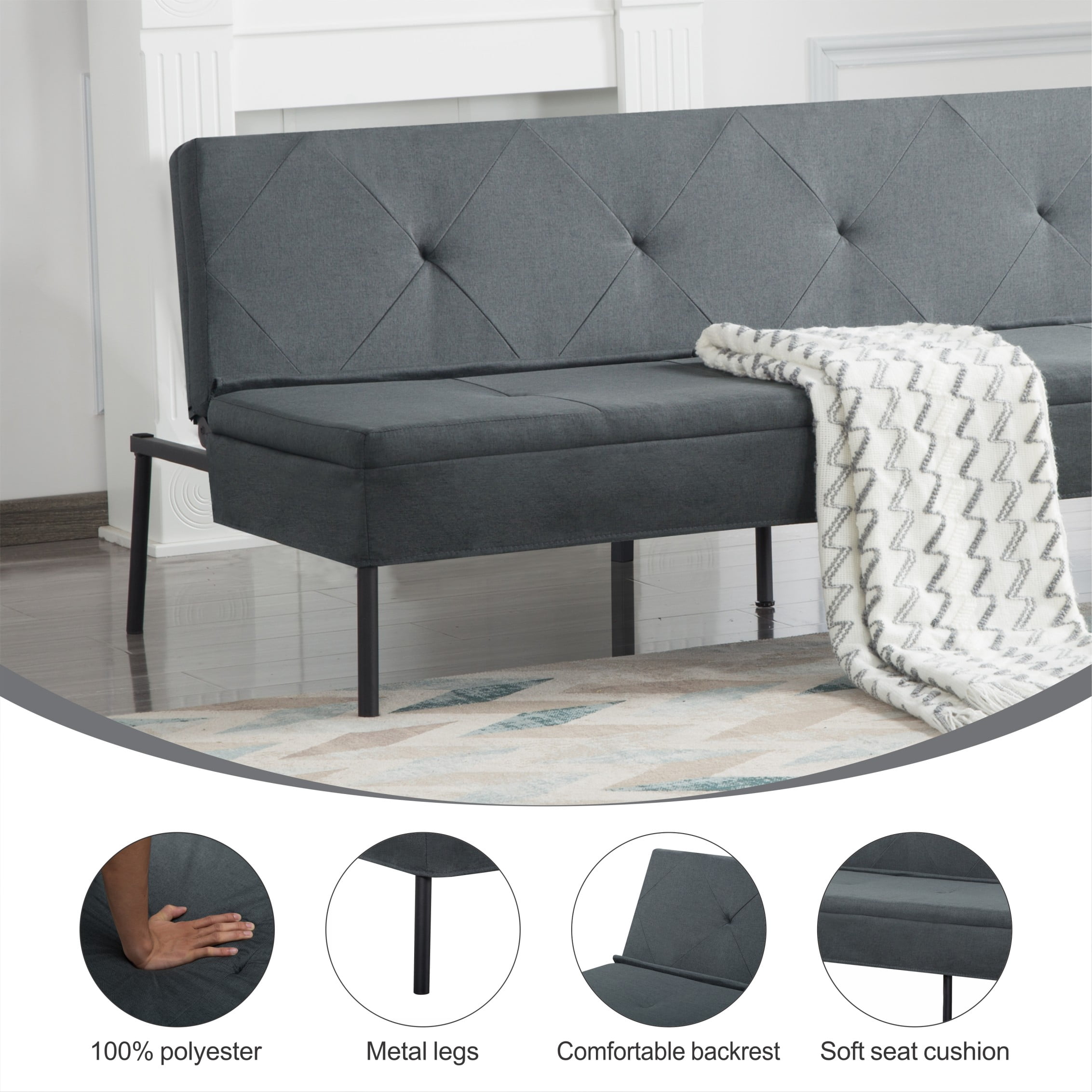 BSHTI 63.39" Futon Sofa Bed – 5 Adjustable Positions, Polyester Fabric, Iron Frame, Modern Design for Living Room, Apartment, Office, Dormitory, Dark Gray