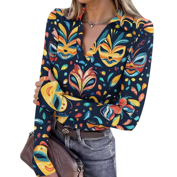 Womens Mardi Gras Shirts Carnival Sparkly Long Sleeve Tunic Tops Glitter V Neck Purple Graphic Tee Light Blue S