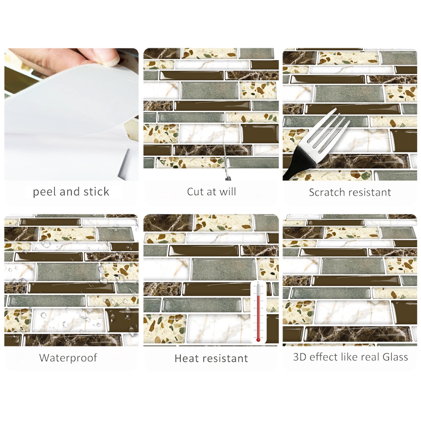 DEWOO Peel and Stick on Self Adhesive Backsplash Wall Marble Tiles Stickers 3D for Kitchen Bathroom,Brown (10-Sheet, 12"×12")