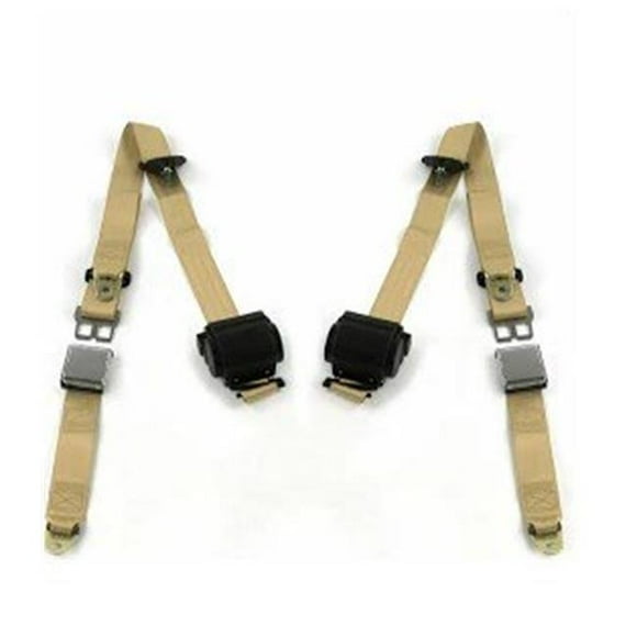 Airplane 3 Point Tan Retractable Bucket Seat Belt Kit with Bracketry & 2 Belts for 1971-1973 Ford Mustang