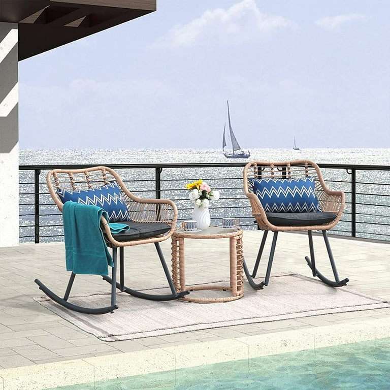 3 Pieces Outdoor Rocking Chair Set All Weather Wicker Bistro
