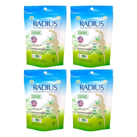 RADIUS Peppermint EcoClean Compostable Floss Picks Adult for Oral Care Boost Non Toxic Tooth & Gum Protection (50 Single Use Flossers per Pack) - Pack of 4