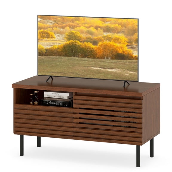 Furnibear Mid-Century Fluted TV Stand for 40 Inch TV, Compact Entertainment Center with Open Compartment, Walnut