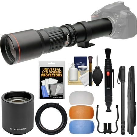 Vivitar 500mm f/8.0 Telephoto Lens (T Mount) & 2x Teleconverter (=1000mm) + 3 Color Flash Diffusers + Monopod Kit for Nikon Digital SLR