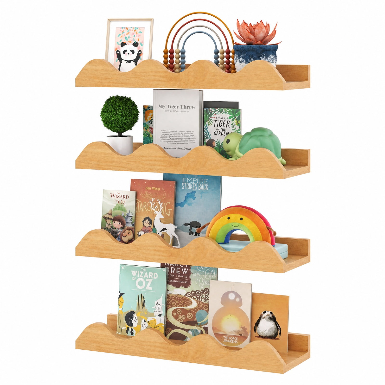 Furnibear 16 Inch Bookshelf Set of 4 Floating Book Shelves for Decoration Book Toy Storage for Living Room Home Office Bedroom Display, Natural