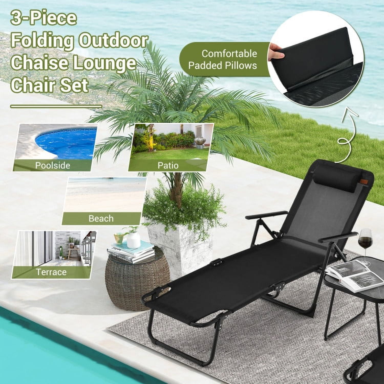 Aimee Lii 3 Pieces Patio Folding Chaise Lounge Set with PVC Tabletop, Patio Sectional Furniture Set, Black Aimee Lii 3 Pieces Patio Folding Chaise Lounge Set with PVC Tabletop, Patio Sectional Furniture Set, Black