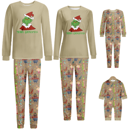 

Matching Family Christmas Pajamas The Grinch Khaki Print Baby-Kids-Adult-Pet Size 2 Pieces Top and Pants Bodysuits Pajamas Sets